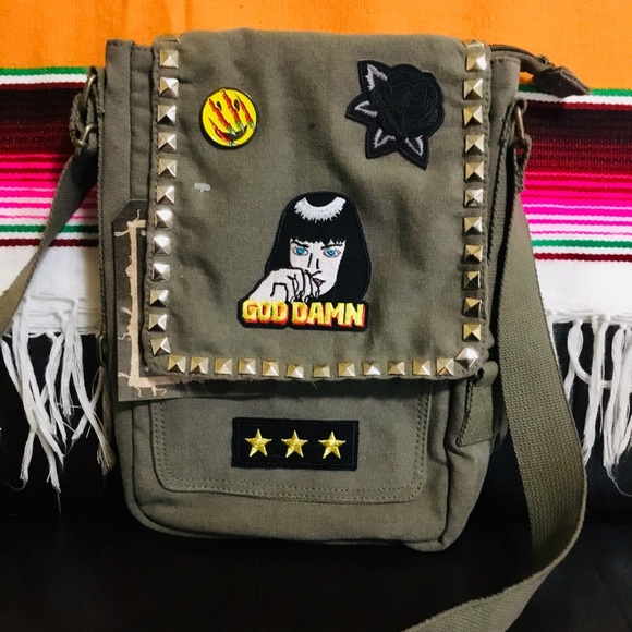 Olive Punk Patch Studded Army Bag Crossbody Purse - Picture 2 of 8